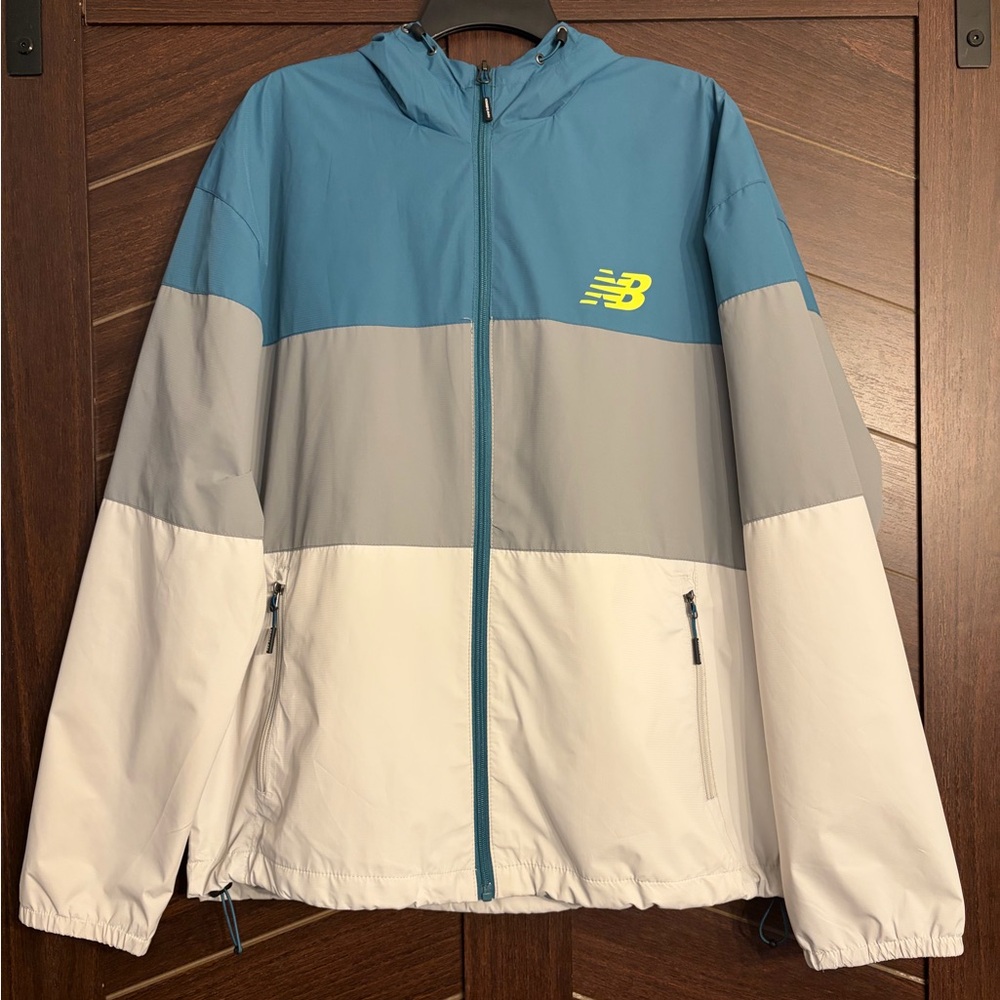 Men’s New Balance windbreaker rain jacket size XL teal, gray, neon yellow hooded